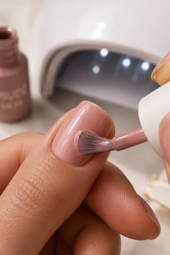 Anwendung - Nahaufnahme beim Auftragen von UV-Gel-Lack mit Pinsel