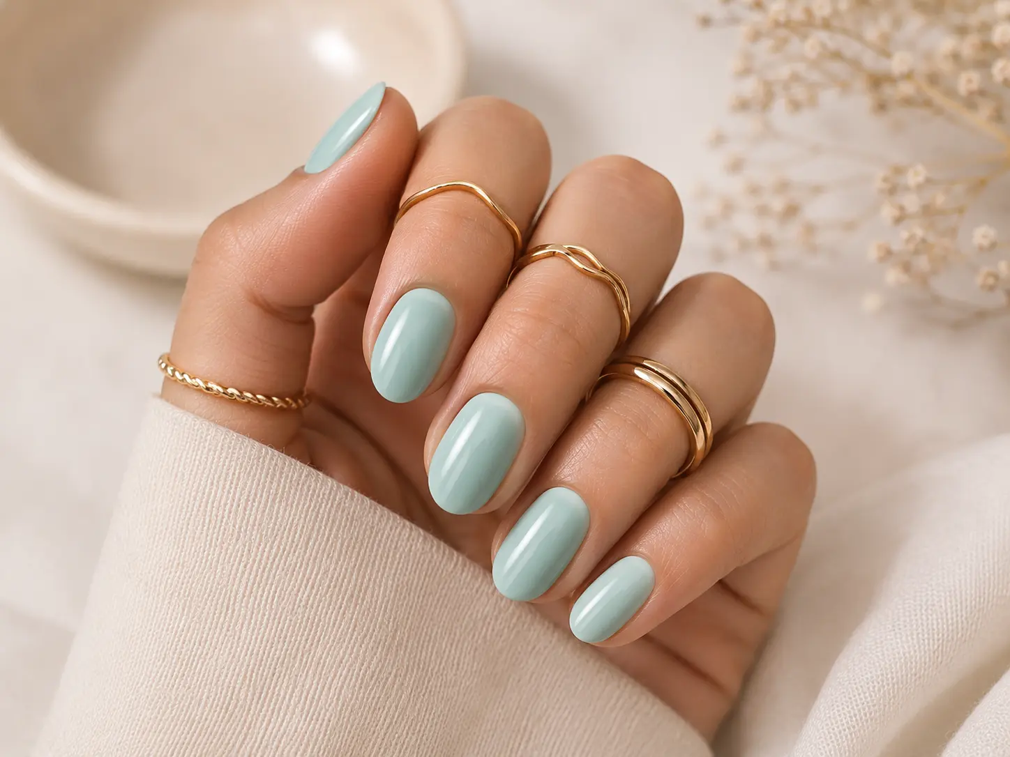 Anwendungsbeispiel - Hand mit Mintgrün lackierten Nägeln und goldenem Ringschmuck