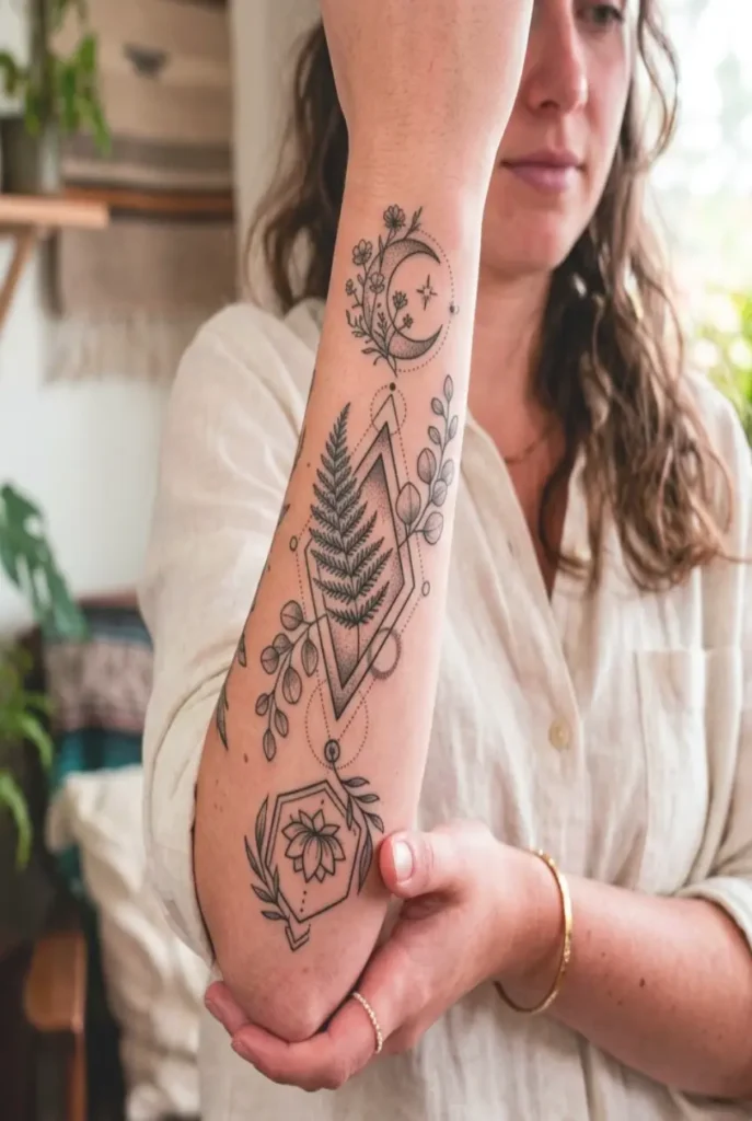 Botanische Tattoos mit geometrischen Elementen