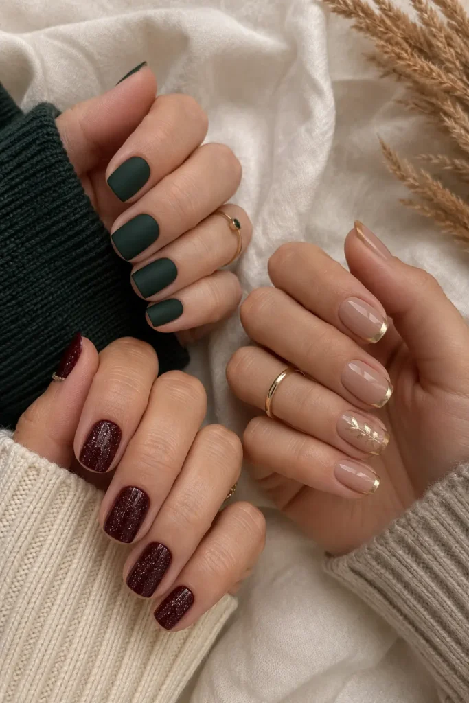 Farbkombinationen - Drei Hände mit Weinrot-Gold, Tannengrün und Bordeaux-Silber Design