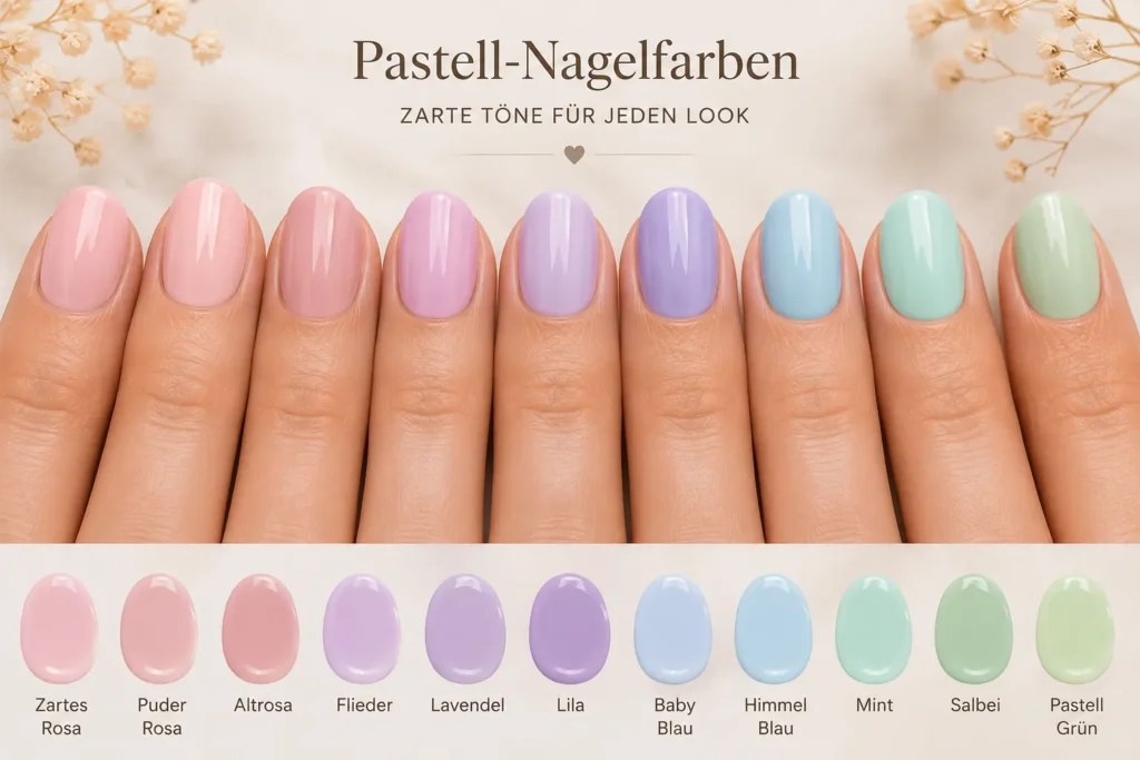 Farbpalette - Verschiedene Pastelltöne von Rosa über Lila bis Mintgrün im Vergleich