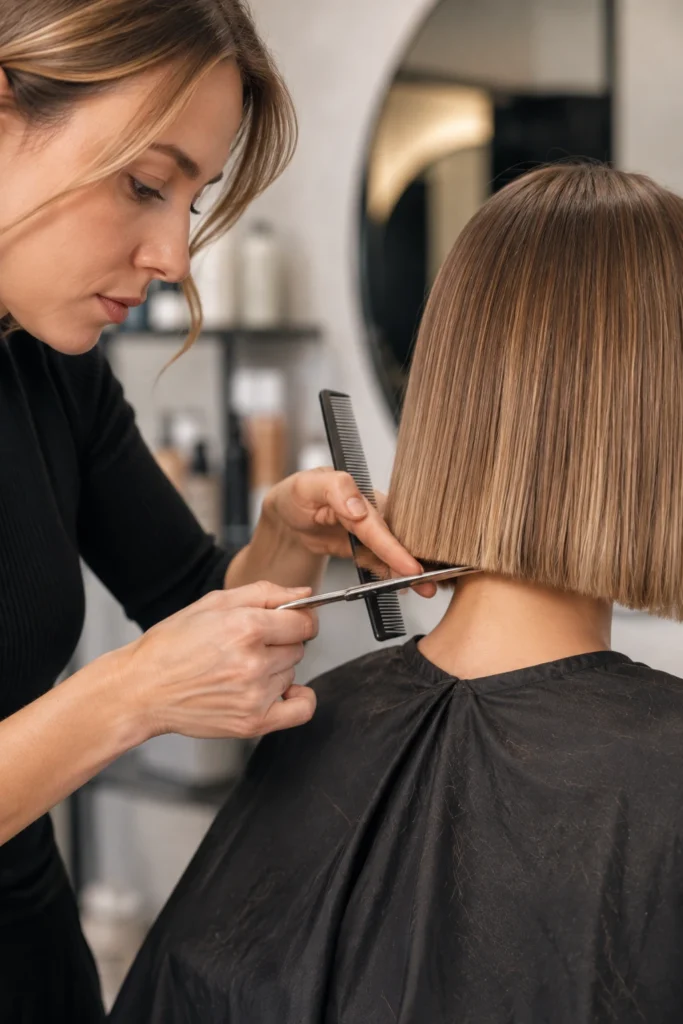 Friseurin beim Schneiden eines Blunt Bobs, präzise Schnittführung mit Kamm und Schere