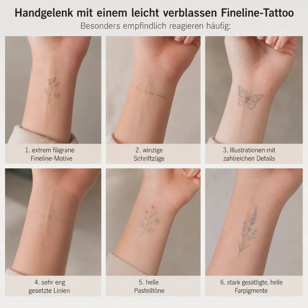 Handgelenk mit leicht verblasstem Fineline-Tattoo im natürlichen Tageslicht