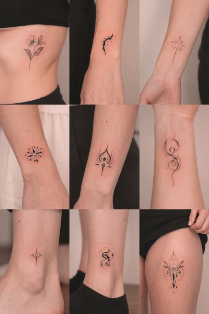 Mehrere kleine Tattoo-Designs an unterschiedlichen Körperstellen nebeneinander