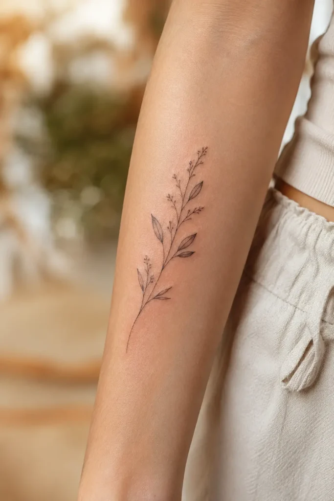 Nahaufnahme - Frisch gestochenes Fineline Tattoo am Unterarm, feine Linienführung, natürliches Licht