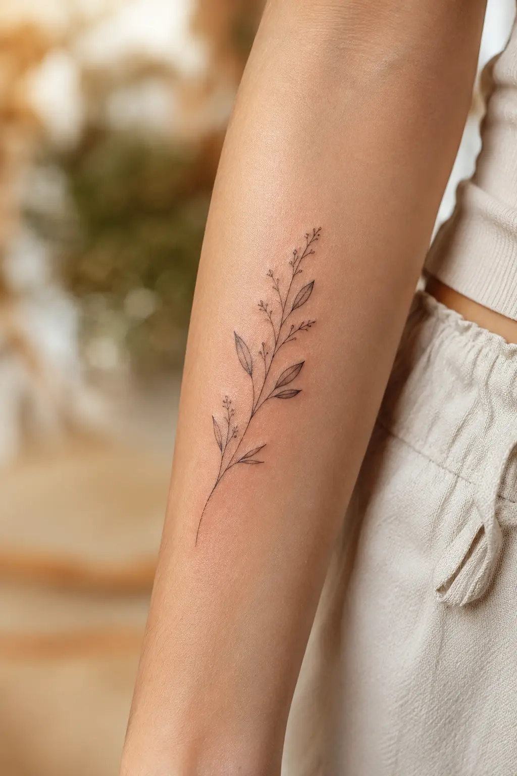 Nahaufnahme - Frisch gestochenes Fineline Tattoo am Unterarm, feine Linienführung, natürliches Licht