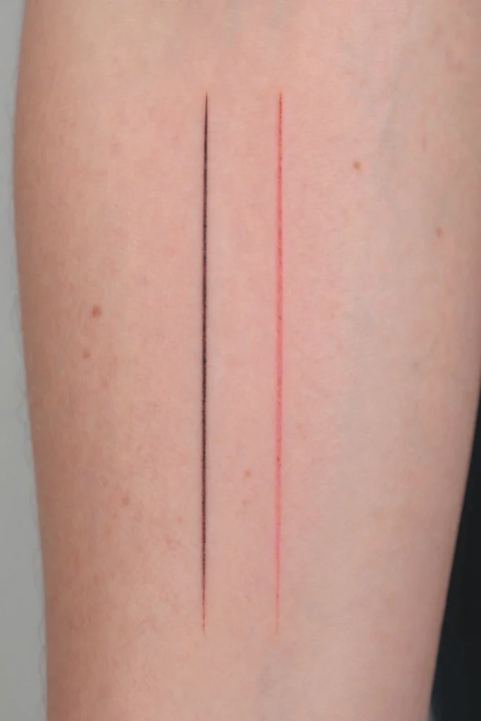 Nahaufnahme einer Single-Needle-Linienführung im Vergleich zu einer klassischen Fine-Line-Arbeit