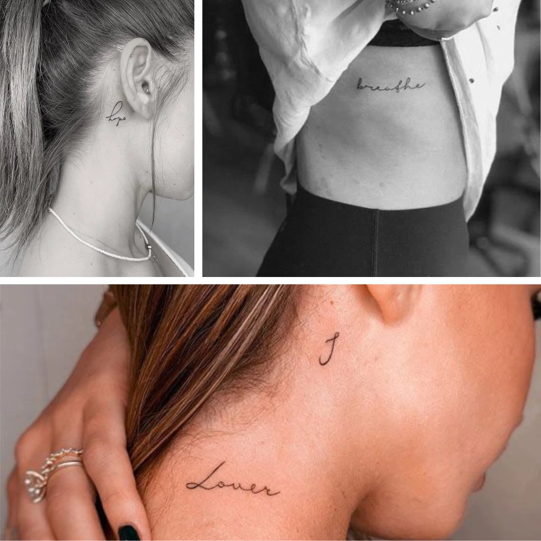 Nahaufnahme kleiner Tattoos an Rippen, Nacken und hinter dem Ohr im Vergleich