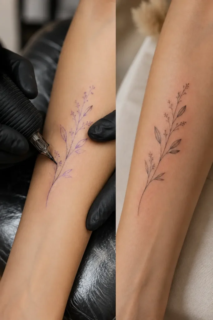 Prozessansicht - Auftragen von Nachsorge-Creme auf das frisch verheilte Tattoo, Detailaufnahme der Hand