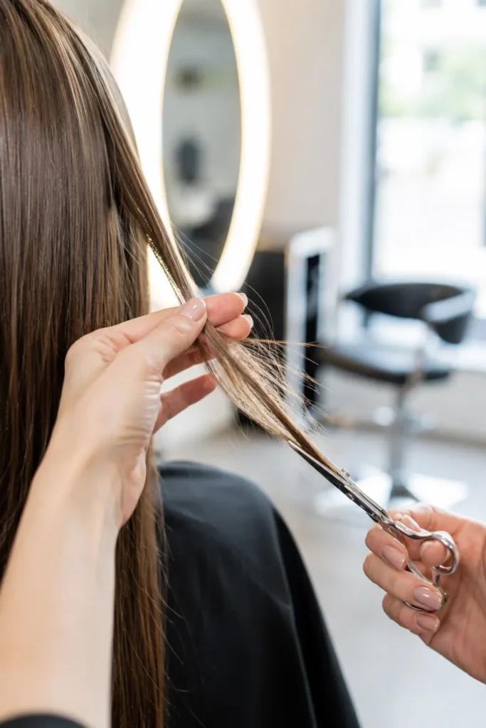 Prozessansicht - Friseurin beim präzisen Schneiden eines Ponys mit Kamm und Schere, Nahaufnahme der Hände