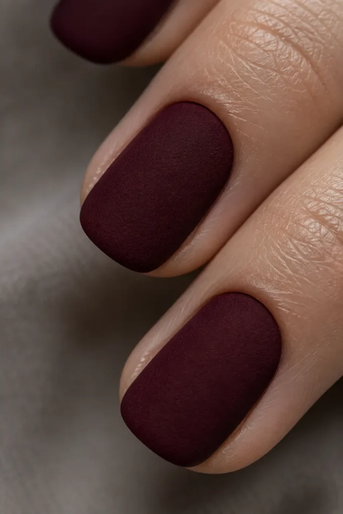 Textur-Detail - Nahaufnahme von mattem Samt-Finish auf dunkelrotem Nagellack