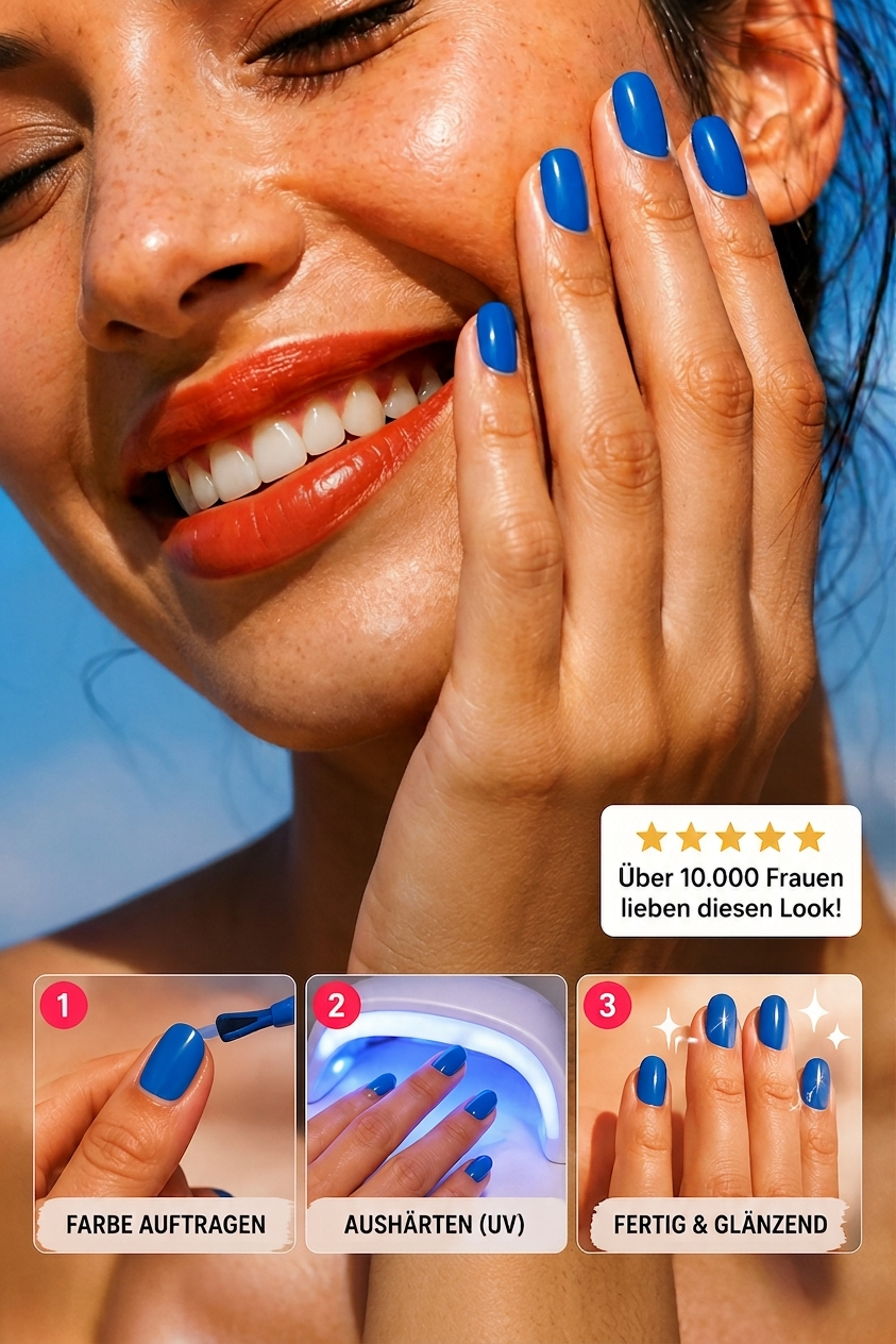 Frau mit blau lackierten Nägeln hält Hand ans Gesicht, Nageldesign Trend 2026