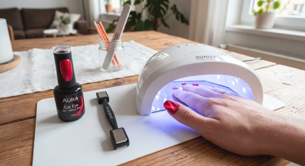 Cat-Eye-Gel-Flasche, Magnet-Werkzeug, UV-Lampe und eine Hand mit frisch magnetisiertem roten Nagel
