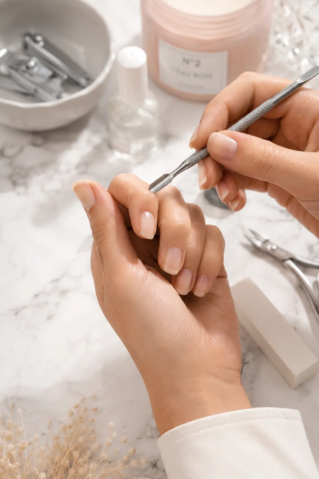 Vorbereitung - Hand mit Nagelfeile und Cuticle-Pusher, Nägel werden für die Maniküre vorbereitet