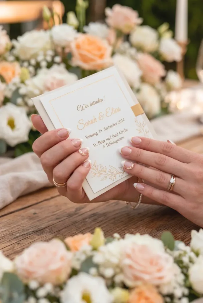 Ringfinger mit filigranen Perlenapplikationen im Nagellack, restliche Nägel schlicht