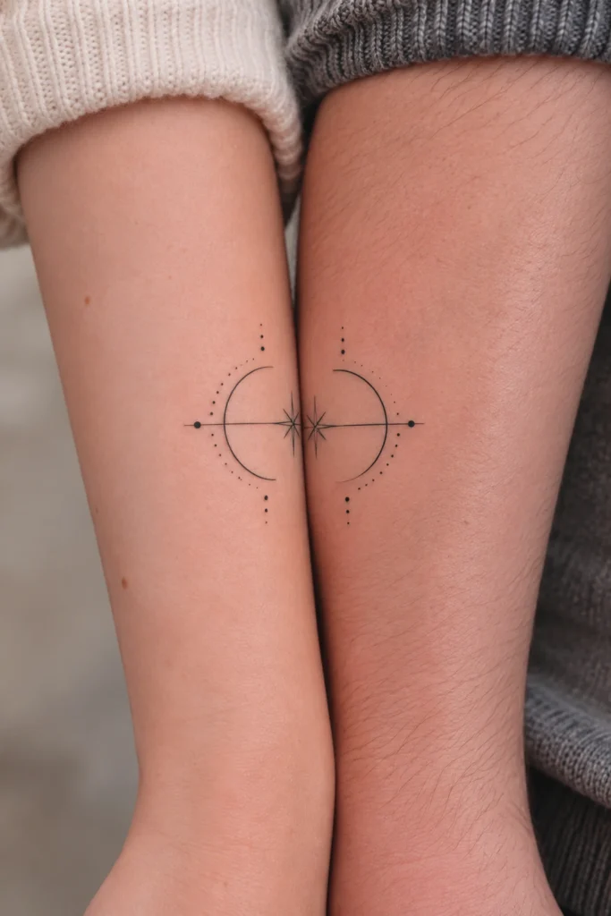 Realistisches Makro-Foto eines kleinen, abstrakten geometrischen Matching-Tattoo-Symbols (feine Linien) auf der Innenseite eines Handgelenks bei heller Hautfarbe.