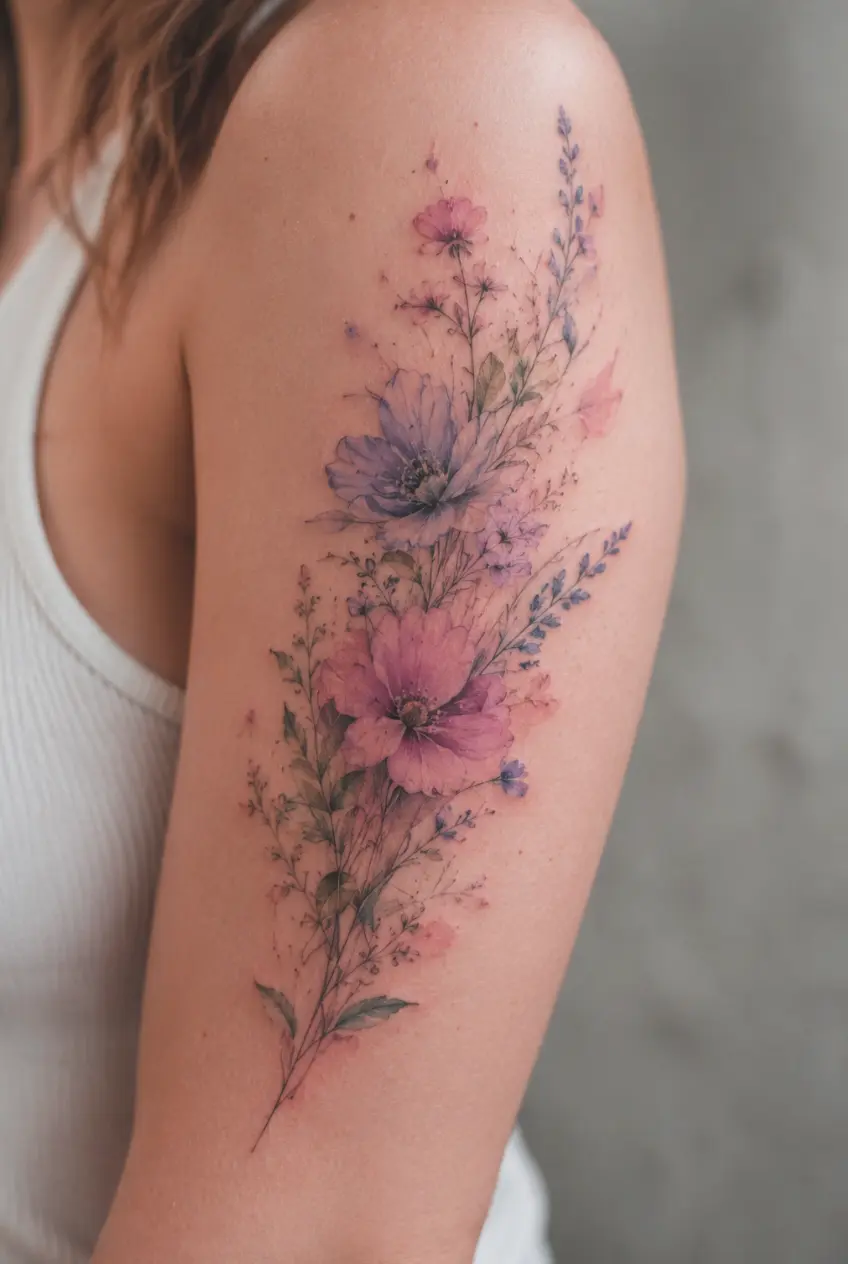 Aquarell botanisches Tattoo mit weichen farbigen Blumen und Blättern