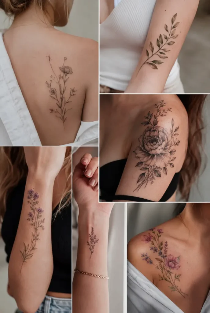 Verschiedene botanische Tattoo Designs mit Blumen und Blättern