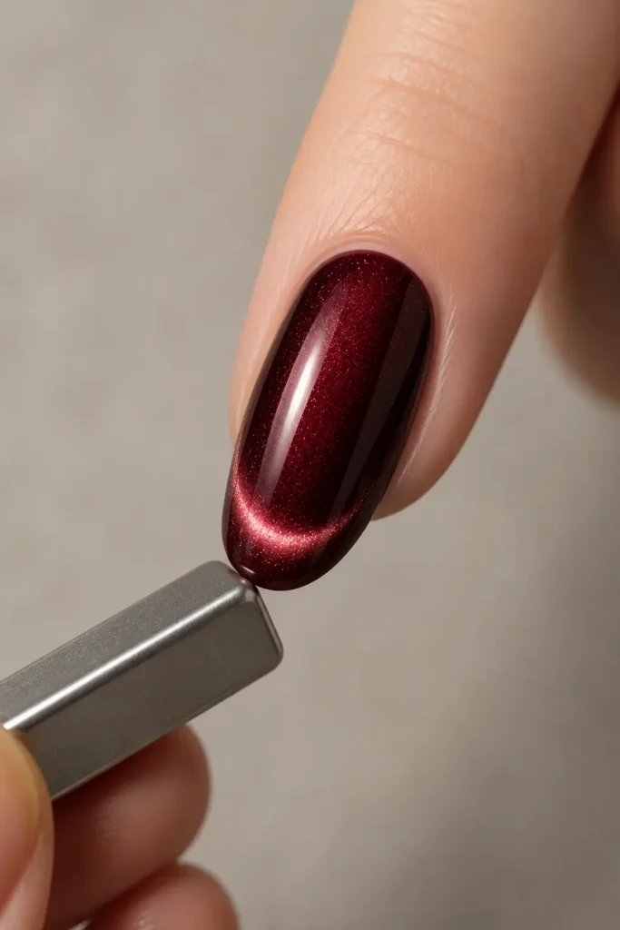 Magnet wird an der Nagelspitze für die Smile-Line-Technik angesetzt