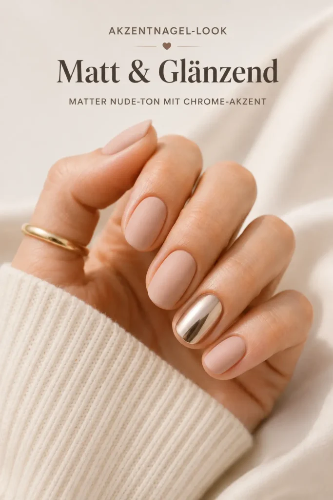 Hand mit mattem Nude-Ton und einem Chrome-Akzentnagel