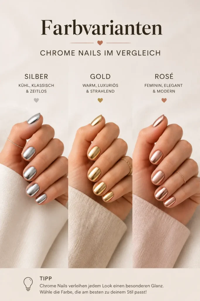Chrome Nails Farbvarianten in Silber, Gold und Rosé im Vergleich