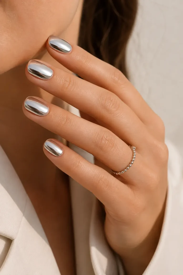 Nägel mit spiegelndem Chrome-Effekt in Silber, kurze Form