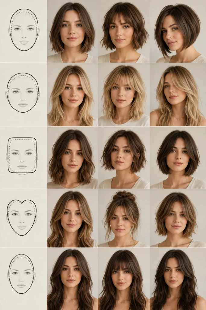 collage showing different face shapes with matching haircut examples
