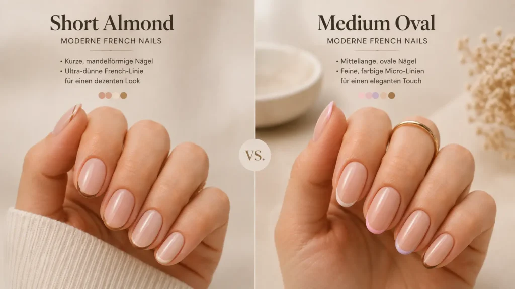Nagellängen-Vergleich - Micro French auf kurzen und mittellangen Nägeln nebeneinander