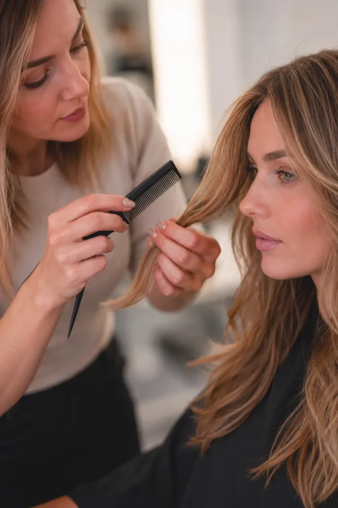 Beratungssituation beim Friseur mit Kamm und Haarsträhne