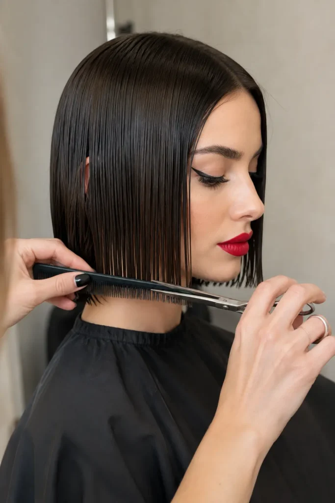 Friseurin schneidet eine präzise stumpfe Haarkante mit Kamm und Schere im Salon