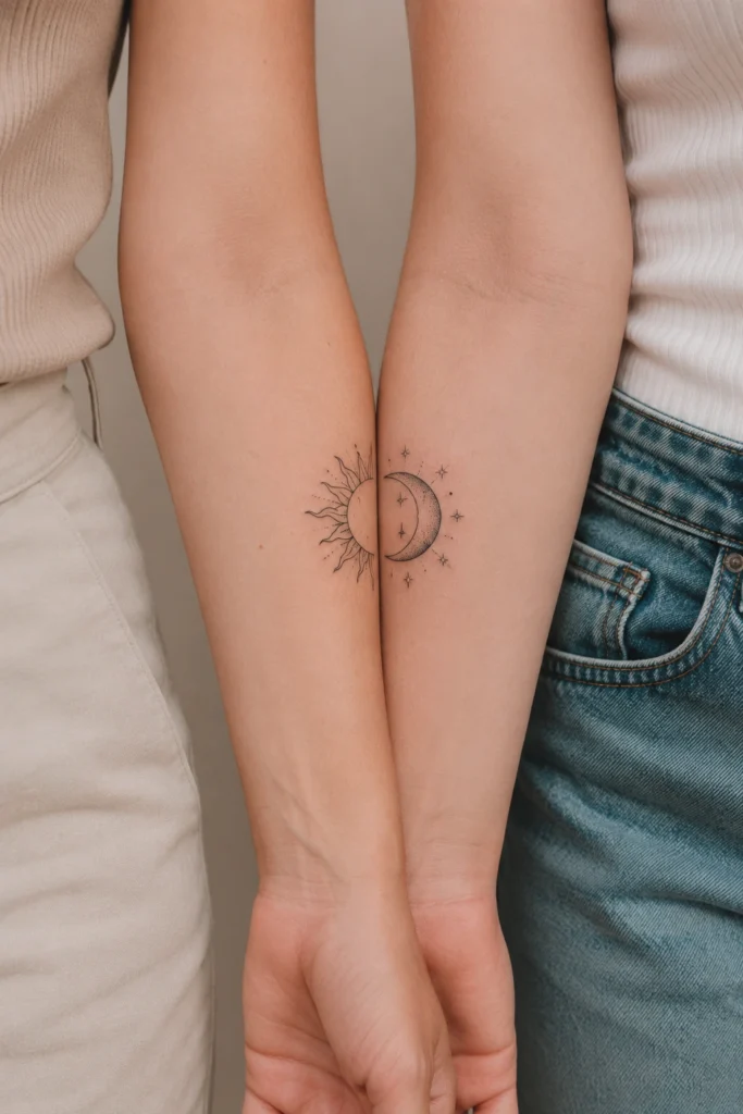 Realistisches Nahaufnahme-Foto von zwei komplementären Tattoo-Hälften (interlockende Zahnräder), die zusammen ein vollständiges Herz-Symbol auf den Unterarmen bilden. Helle Hautfarbe.