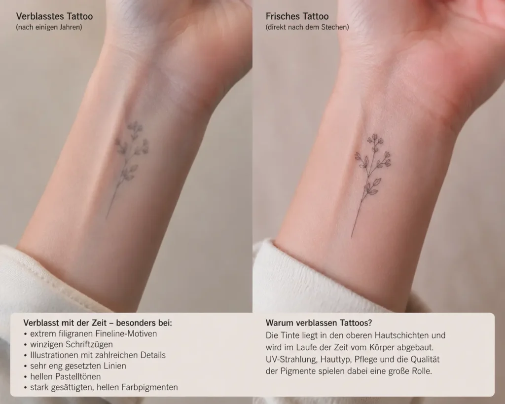 Kleines Detail-Tattoo am Handgelenk mit sichtbaren Altersveränderungen