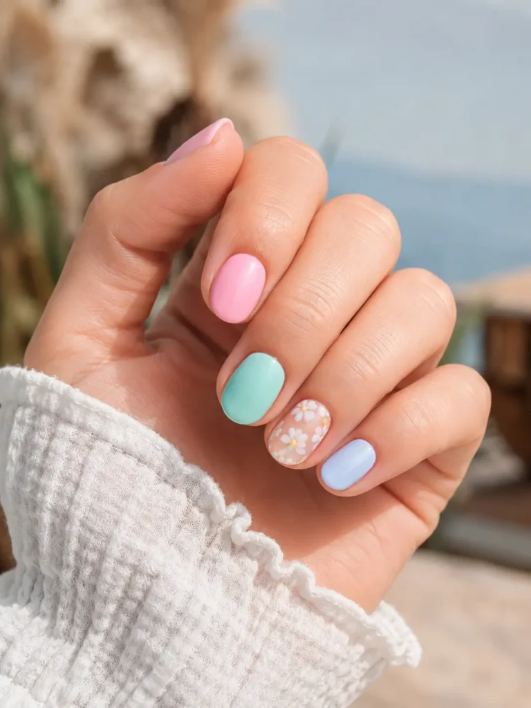 Sommerliches Nageldesign 2026 in Pastellfarben auf kurzen ovalen Nägeln