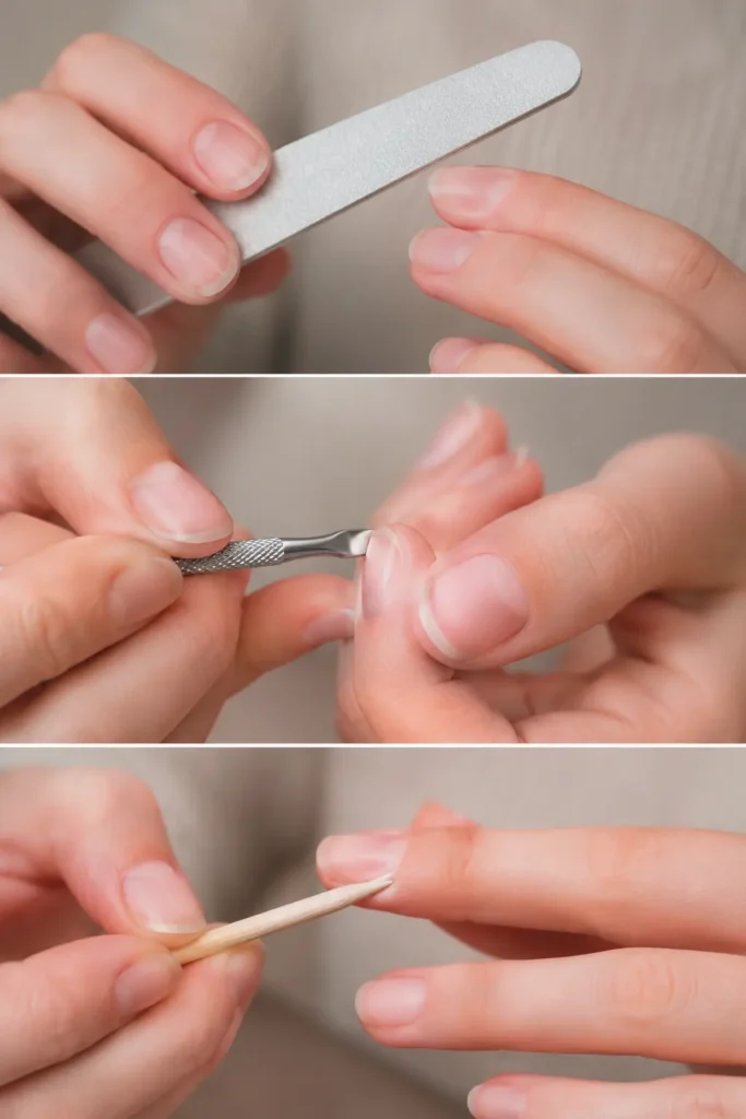 Nagelvorbereitung mit Feile und Cuticle-Pusher für die Maniküre