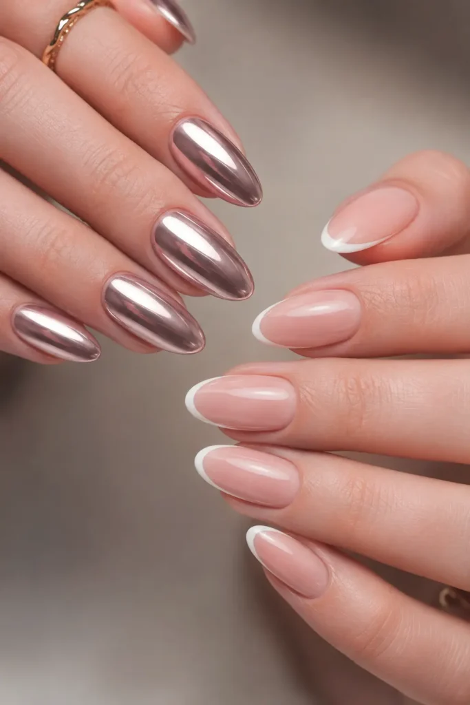 Chrome-Effekt-Nägel neben modernem Micro-French-Nageldesign