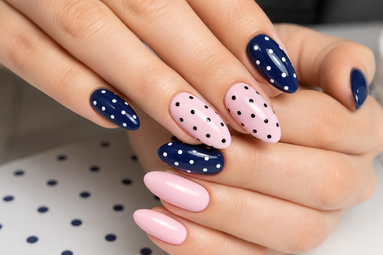 Elegante Navy Blue und Pink Polka Dot Nails auf Mandelförmigen Nägeln