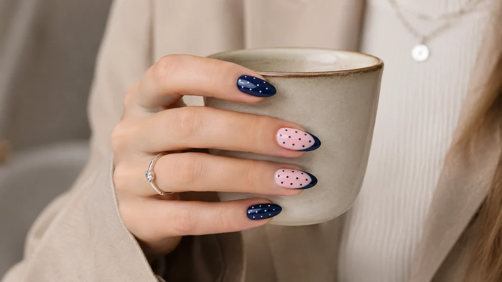 Elegantes Styling für Navy Blue und Pink Polka Dot Nägel im Alltag.