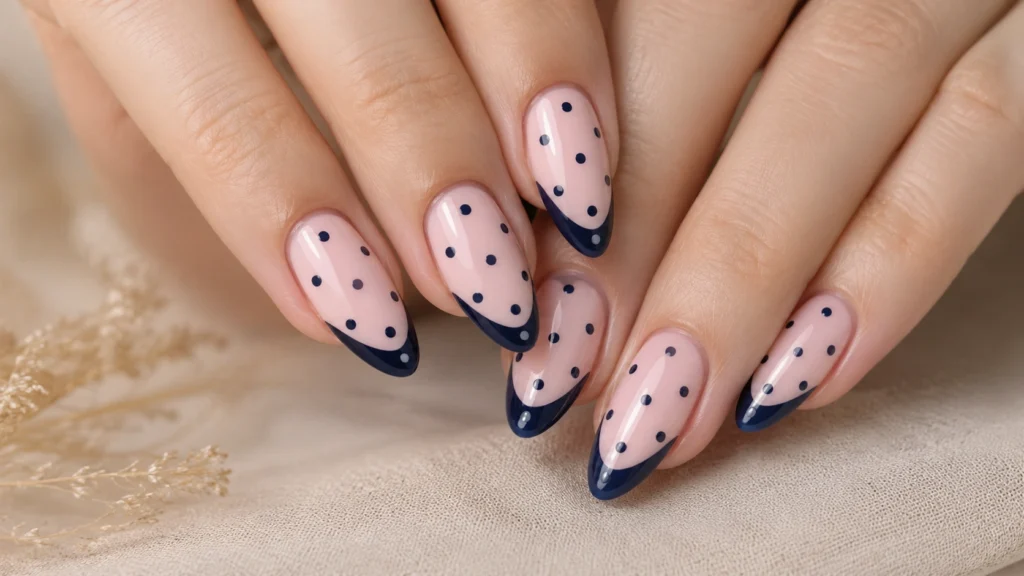 Rosafarbene Nagelbasis mit dunkelblauen Punkten als Nailart-Variante.