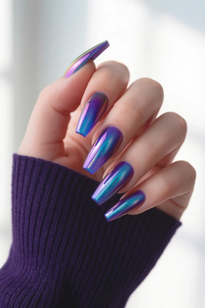 purple and blue coffin-shaped acrylic nails