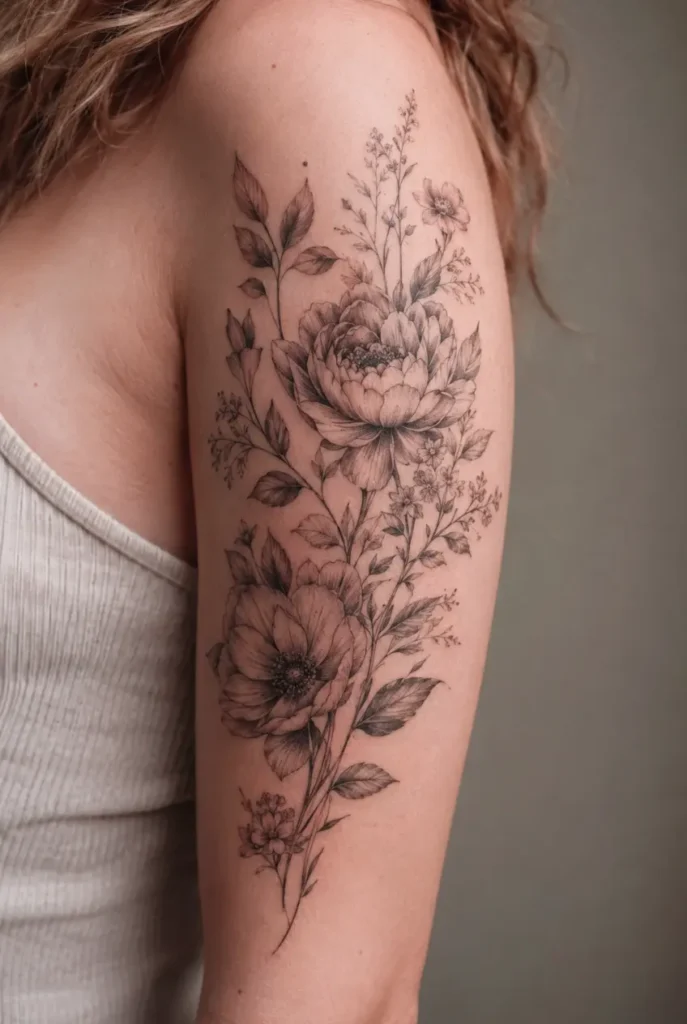 Realistisches botanisches Tattoo mit Blumen und Blättern in Schwarz-Grau