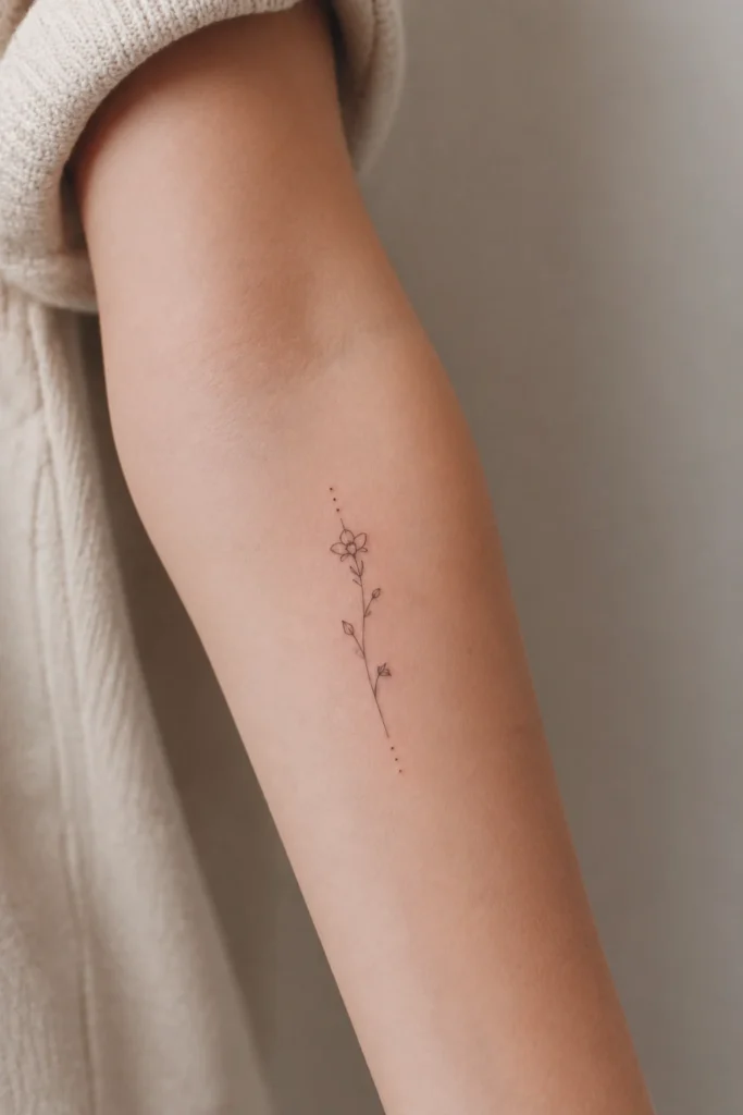 Nahaufnahme eines extrem feinen Single-Needle-Tattoos mit zarten, dünnen Linien auf dem Unterarm bei heller mitteleuropäischer Hautfarbe.