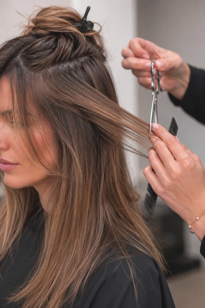 Friseurin beim gezielten Schneiden von Stufen im oberen Haarbereich