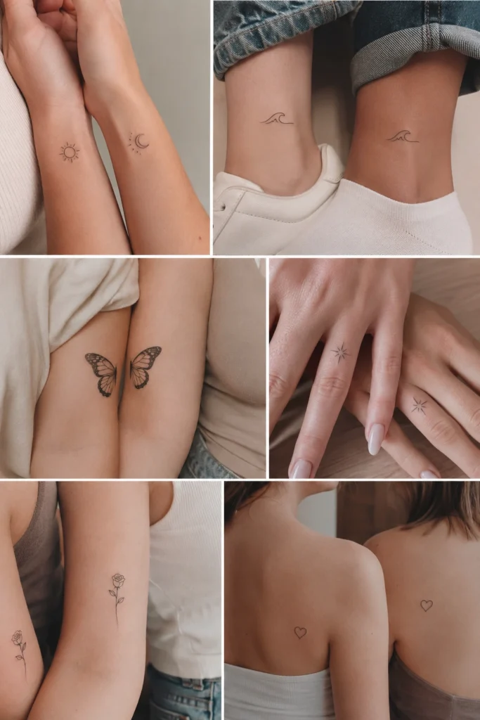 Ästhetische Collage mit verschiedenen subtilen, passenden Tattoo-Paaren auf unterschiedlichen Körperteilen (Handgelenk, Knöchel, Schulter) bei heller mitteleuropäischer Hautfarbe.