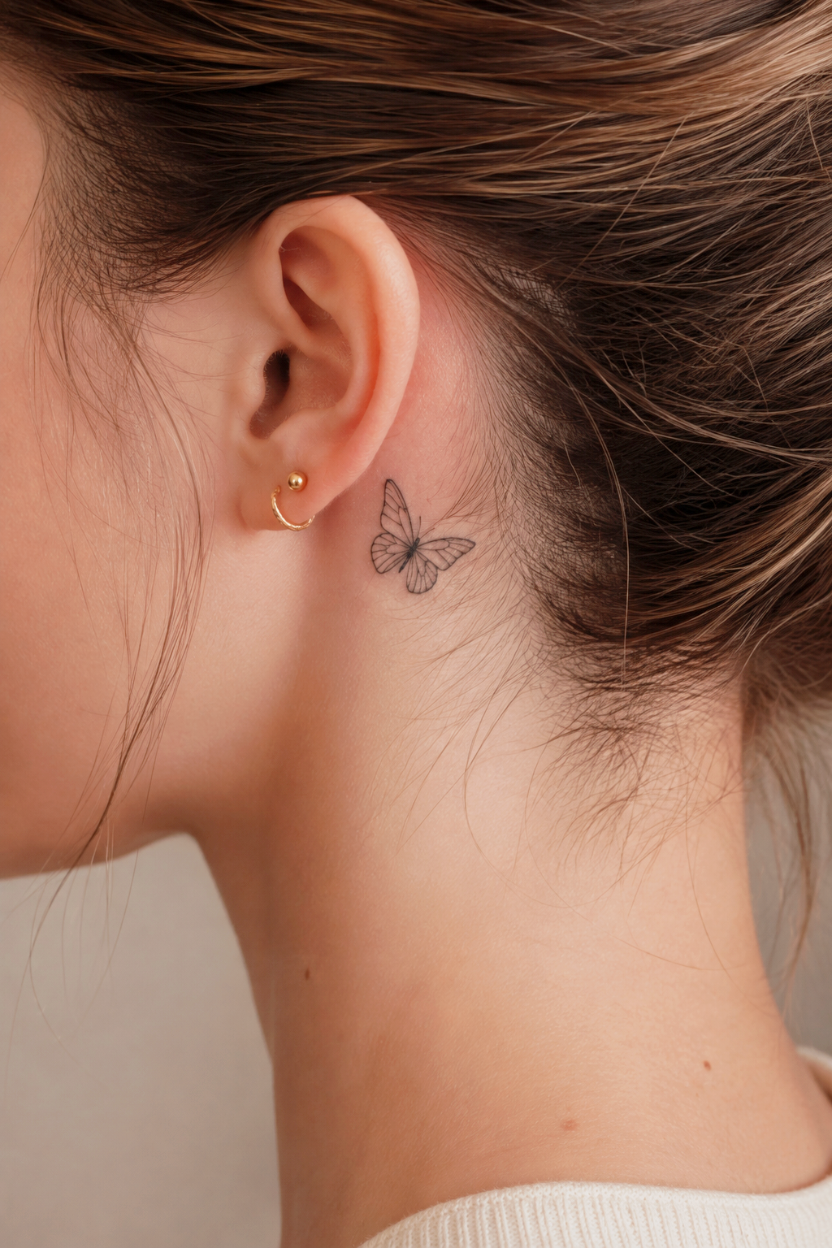 Inspirationen für kleine, feine Tattoos hinter dem Ohr im Übersicht-Grid