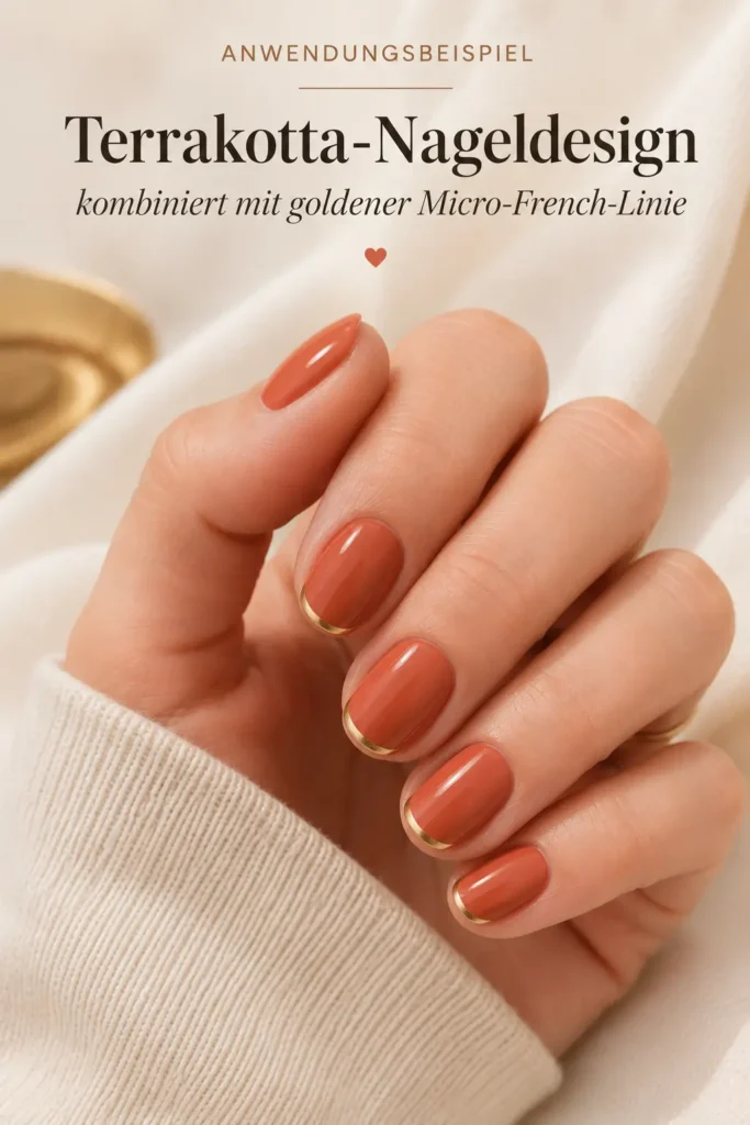 Terrakotta-Nageldesign kombiniert mit goldener Micro-French-Linie